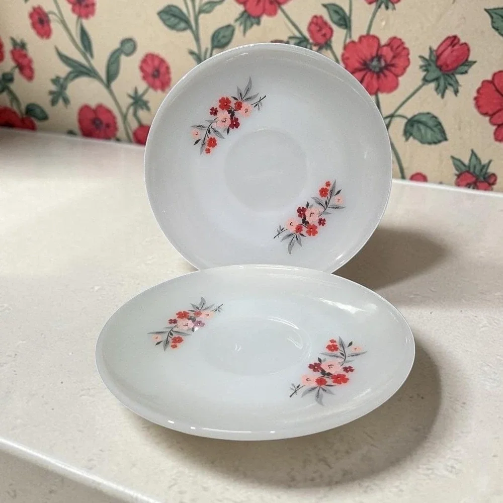 Anchor‎ Hocking Fire King Primrose Saucers, Set of 2, Vintage Floral Milk Glass